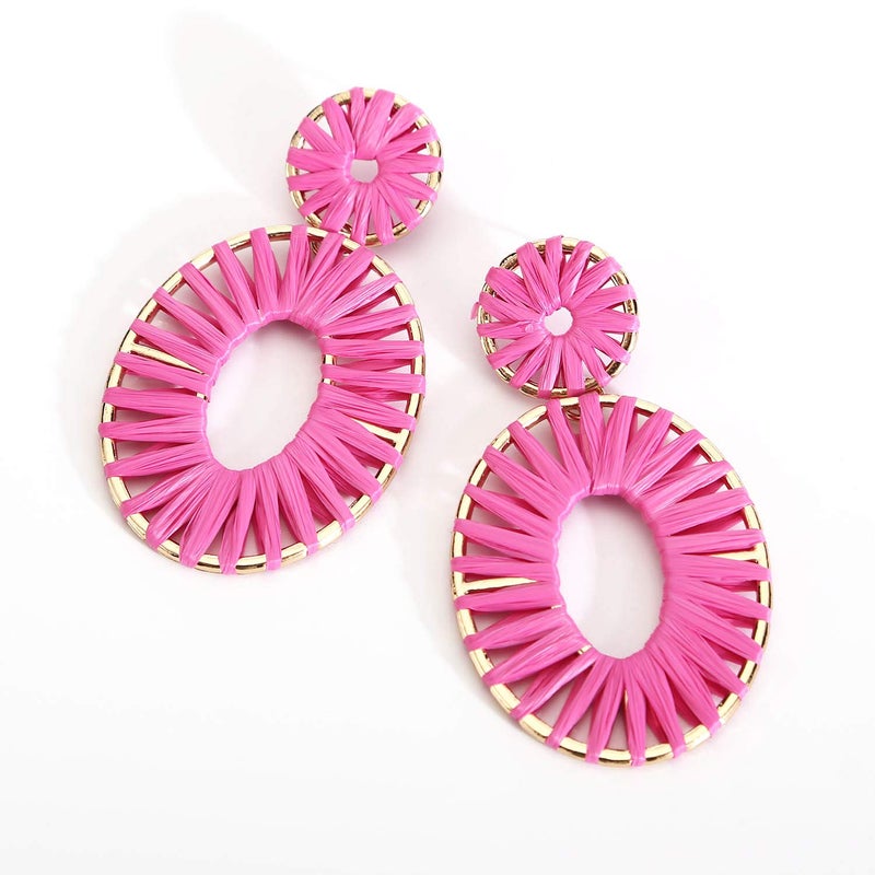 BaubleStar Kiera Raffia Tassel Fringe Rattan Hoop Drop Statement Earrings Hot Pink Tiered Thread Handmade Round Oval Cirle Dangle Fashion Jewelry for Women - Image 5
